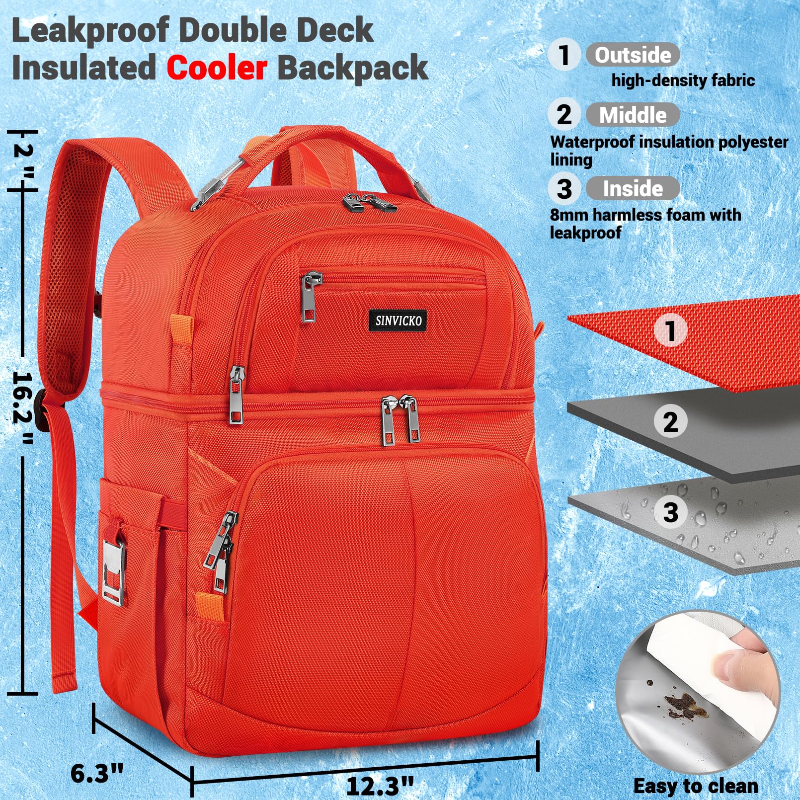 SINVICKO insulated cooler backpack side pockets ideal for water bottles or utensils