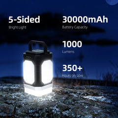 Sinvitron camping lantern showing 30000mAh power bank for charging devices