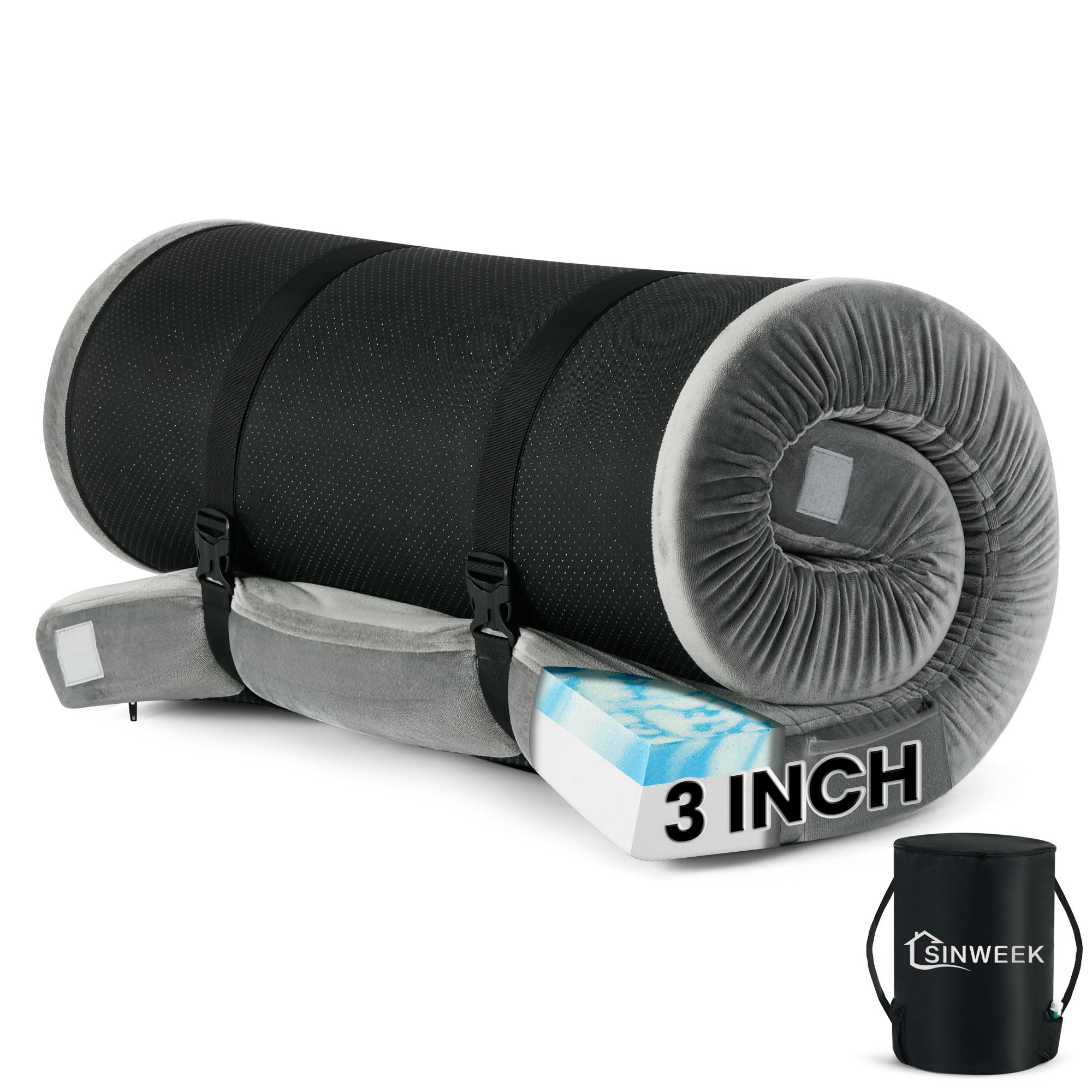 SINWEEK 3-inch memory foam camping mattress folded for easy transport and quick setup.
