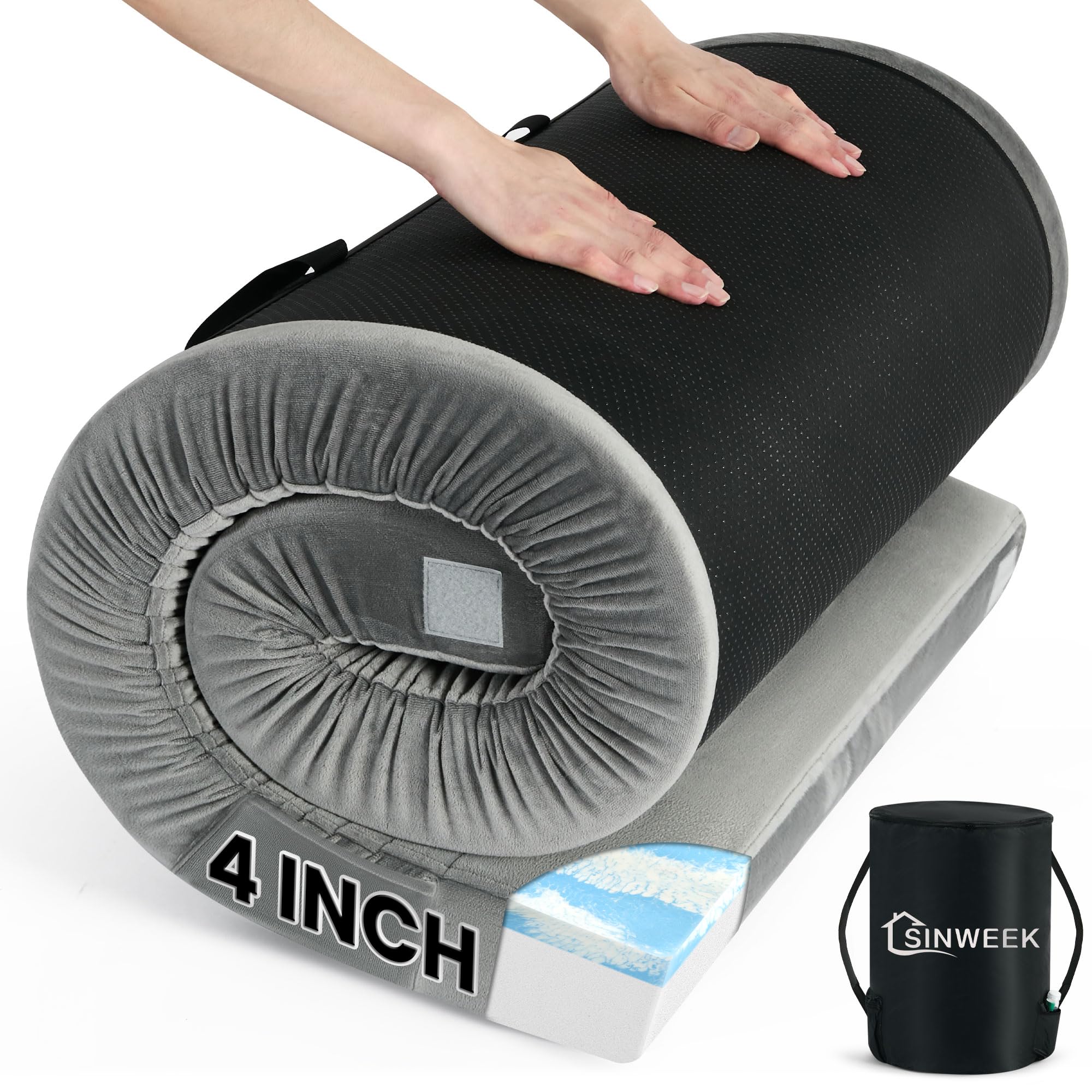 SINWEEK 4inch memory foam camping mattress rolled for easy portable setup.
