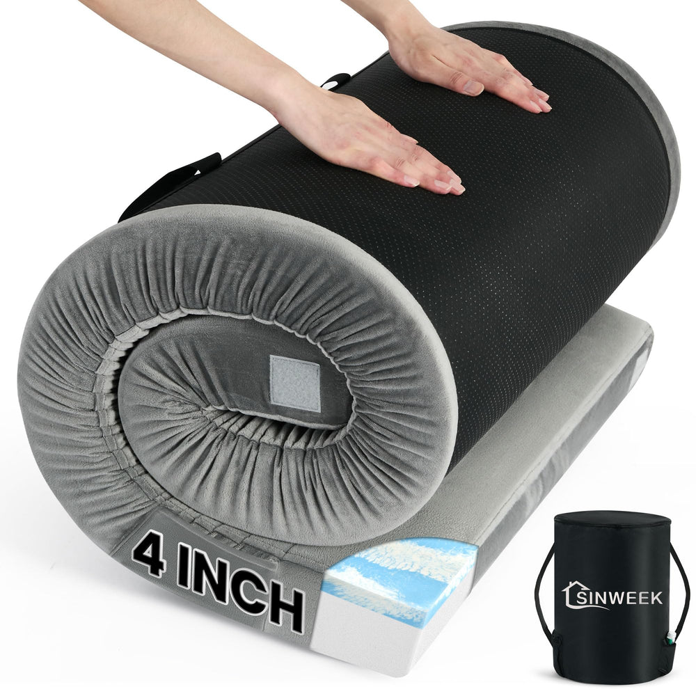 SINWEEK 4inch memory foam camping mattress rolled for easy portable setup.