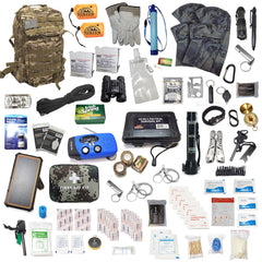 Sirius Survival 72-hour kit for two, contents organized for shelter and sustenance.