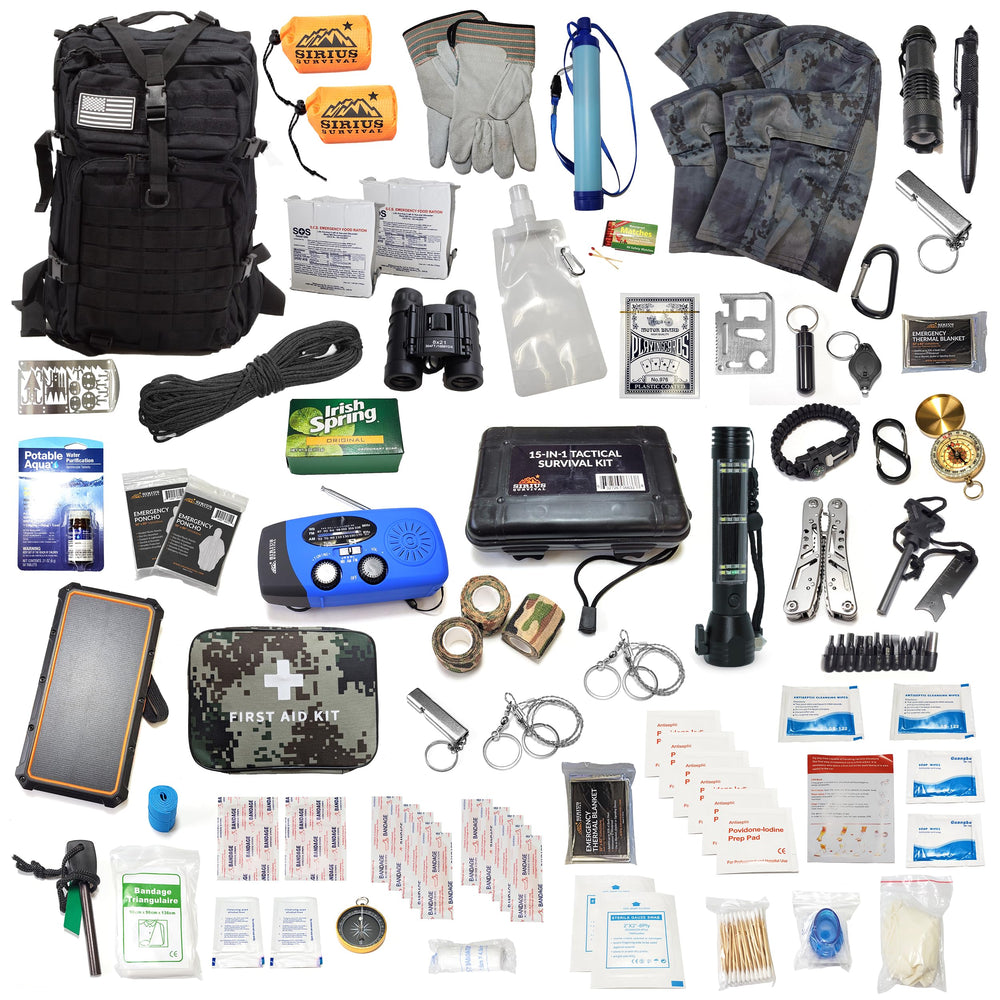 Sirius Survival 72-hour kit interior showcasing ready-to-go supplies for two people.