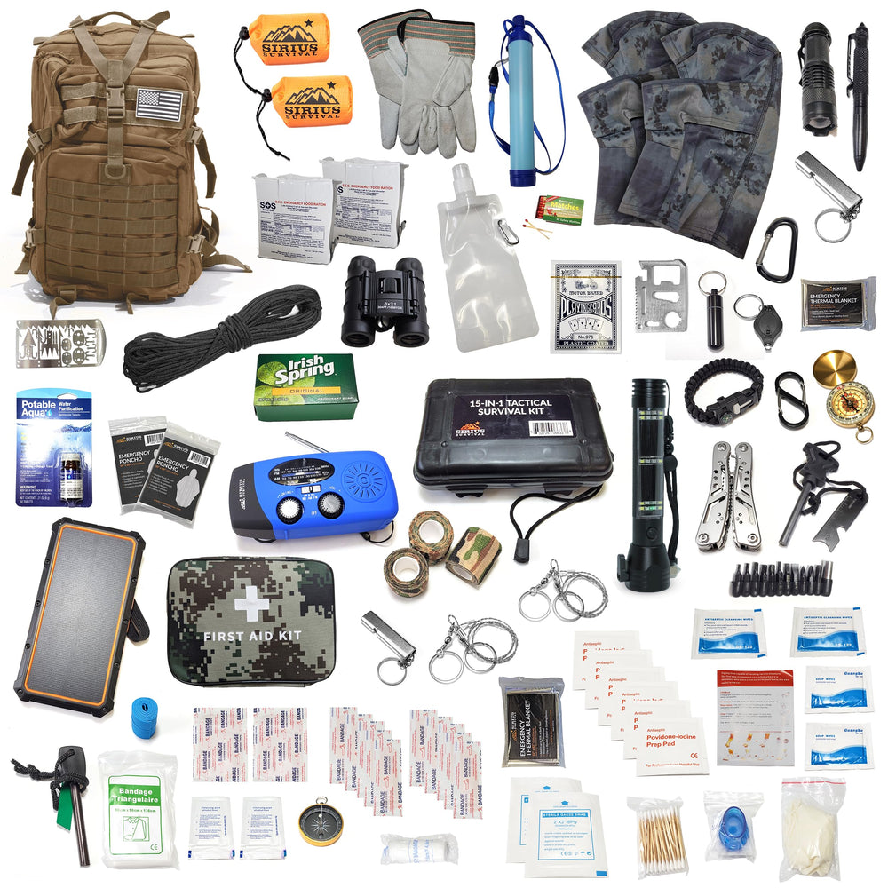 Sirius Survival 72-hour kit open, showing ready-to-grab contents.