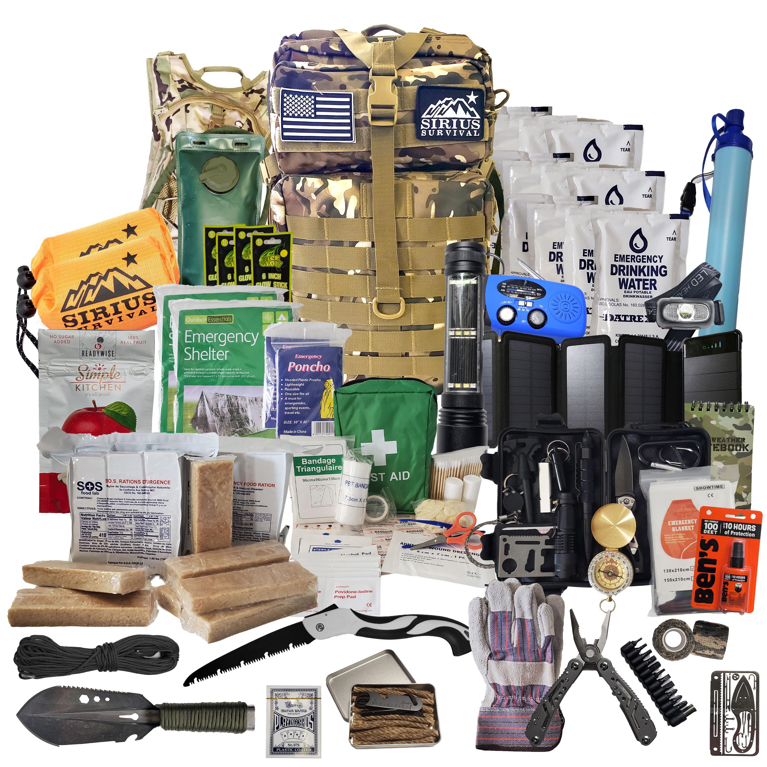 Sirius Survival bug out backpack camo exterior shows rugged durability for outdoor readiness.