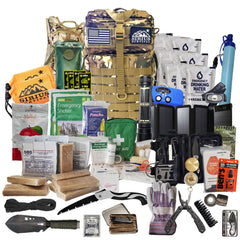 Sirius Survival bug out backpack camo exterior shows rugged durability for outdoor readiness.