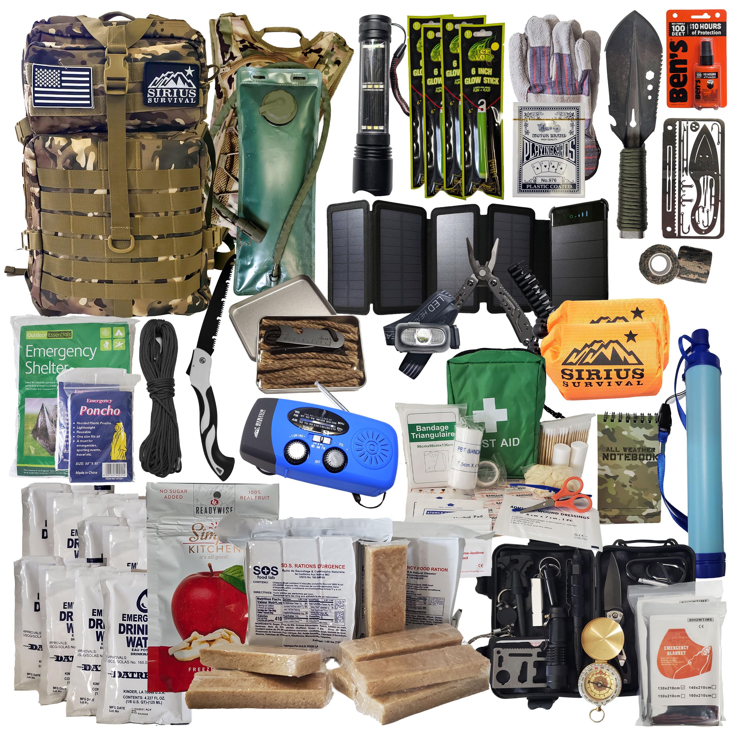 Sirius Survival bug out backpack camo interior reveals organized compartments for quick access.