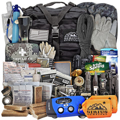 Sirius Survival bug out backpack front view highlighting rugged 50L capacity for emergencies.