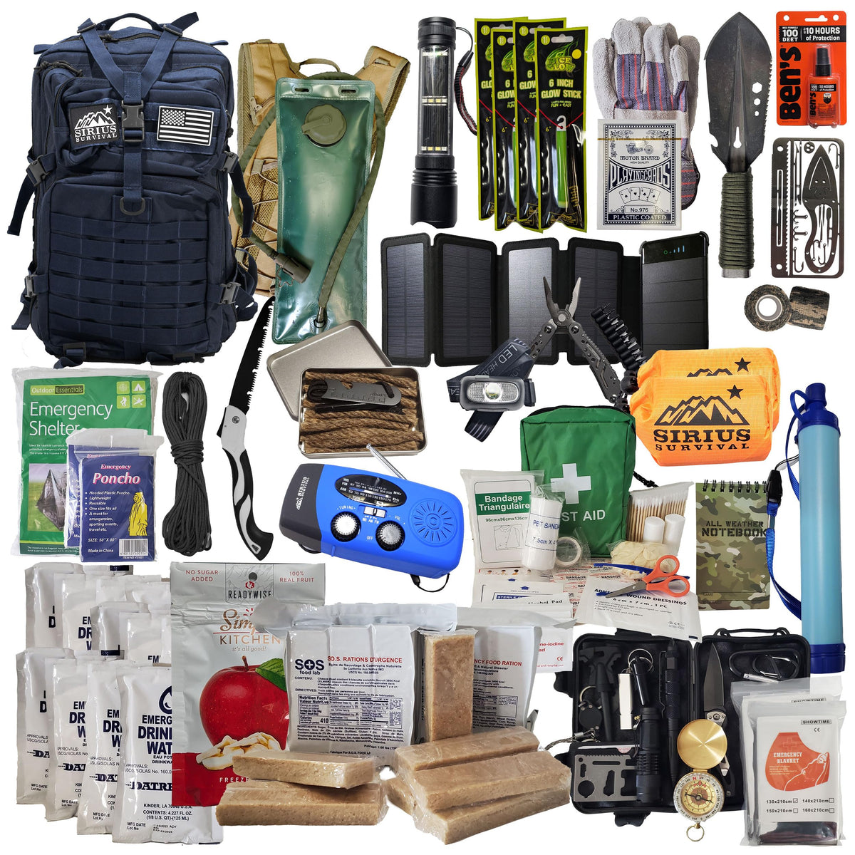 Sirius Survival Bug Out Bag front view, ready-to-go emergency kit in navy.