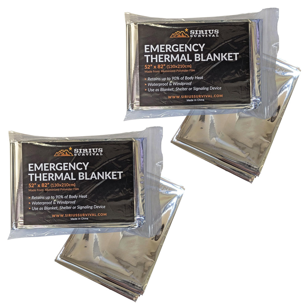 Sirius Survival emergency blanket with thermal solar coating, compact for vehicles, camping, and emergency kits.