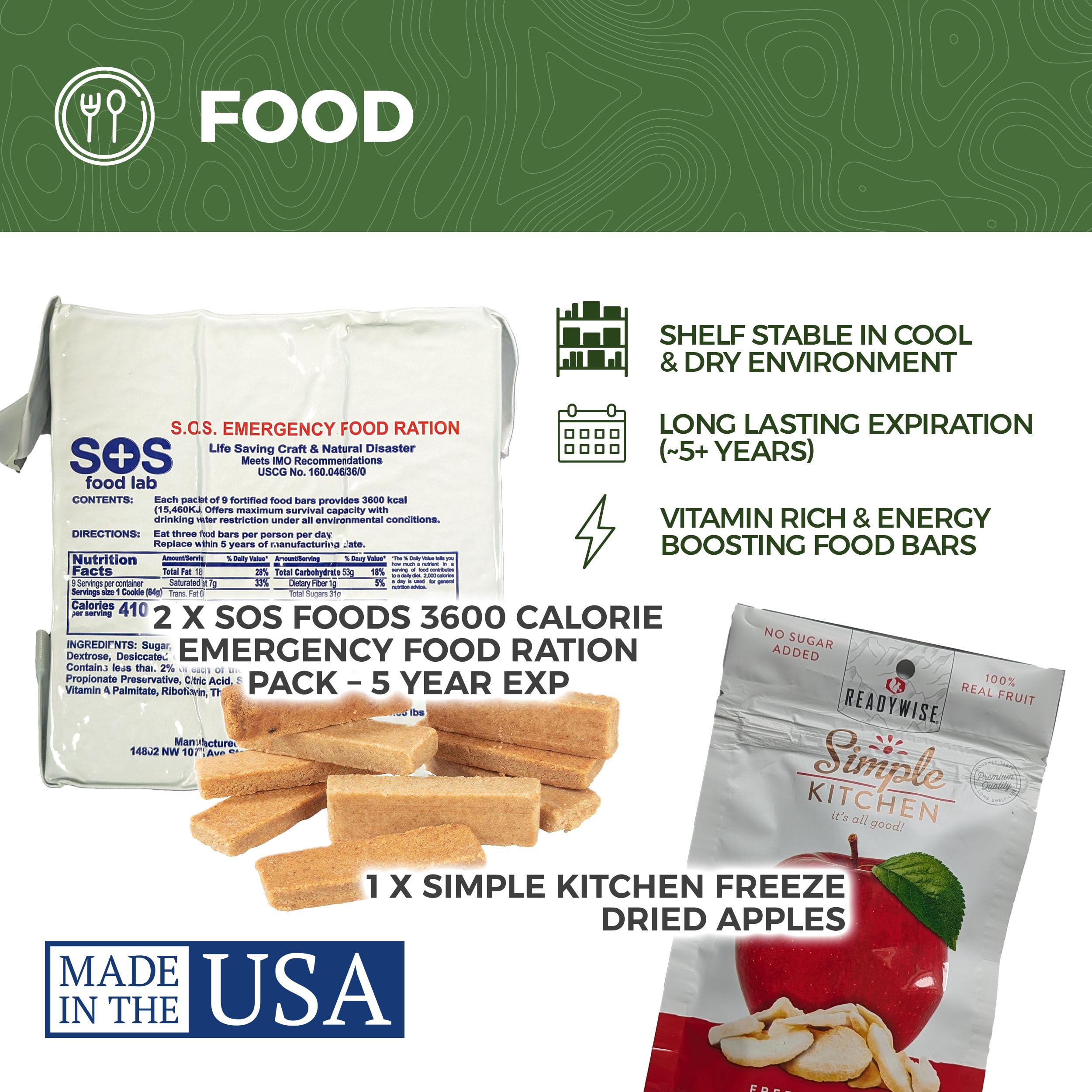 Sirius Survival food ration set is US-made and coast guard approved for long shelf stability.