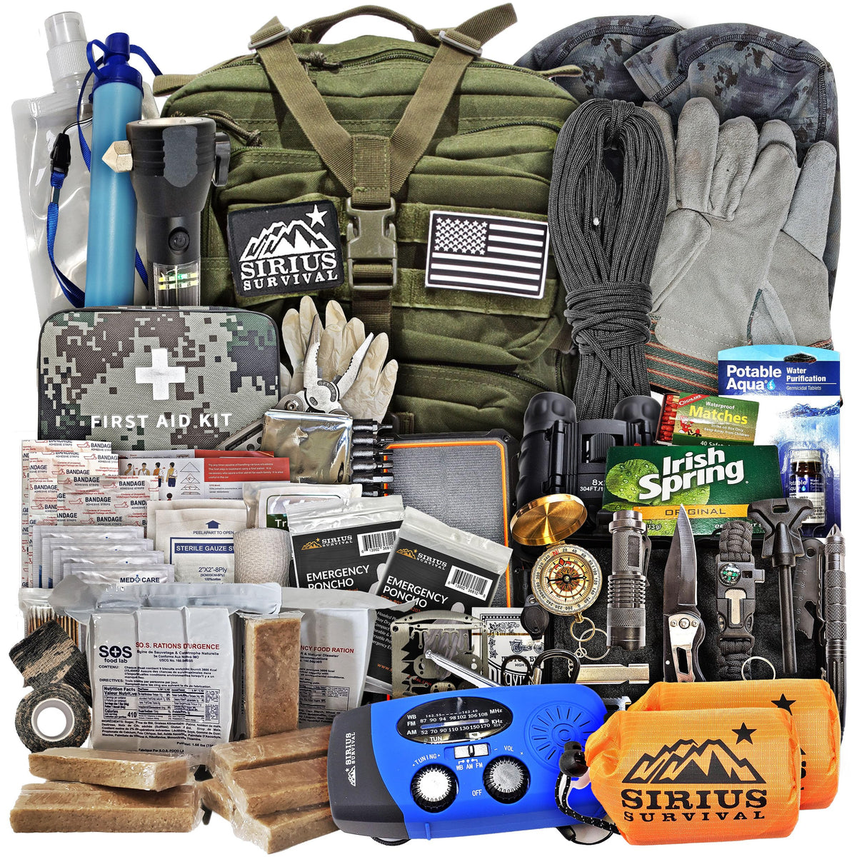 Sirius Survival green bugout backpack front view for durable emergency transport