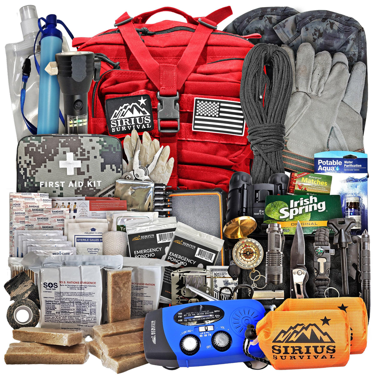 Sirius Survival prepacked bugout bag, front view, ready for rapid grab-and-go.