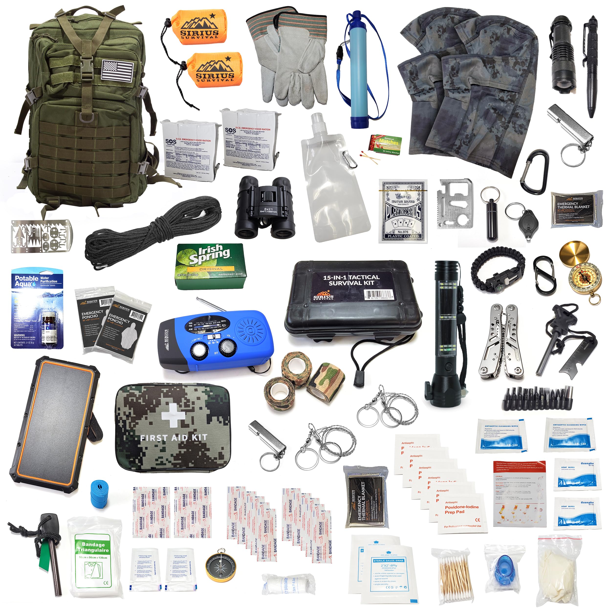 Sirius Survival two-person 72-hour kit contents ready for quick deployment
