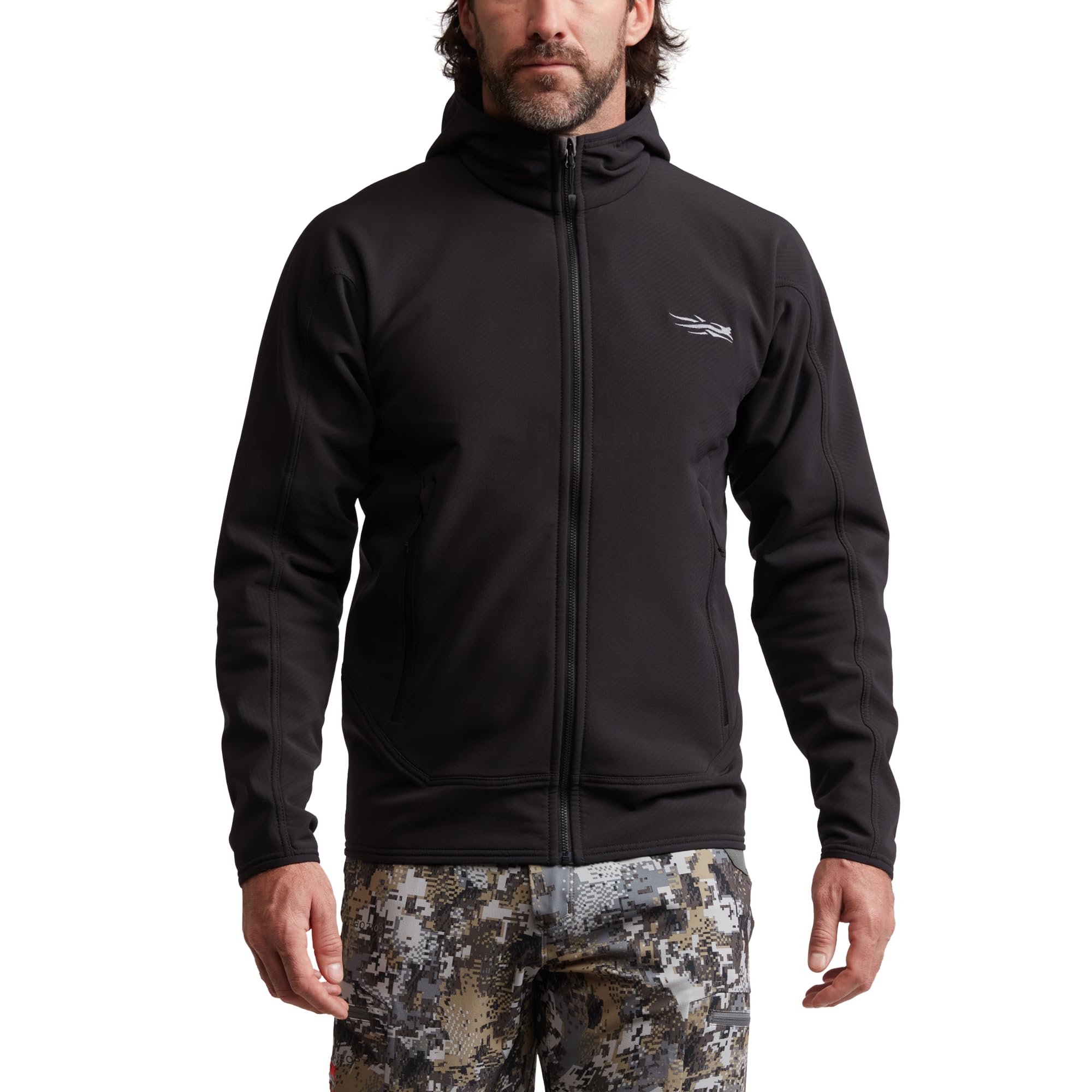 SITKA Alpha Fleece Hooded Jacket back view showing comfortable movement under a pack.
