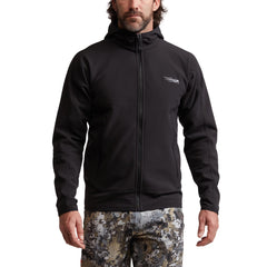 SITKA Alpha Fleece Hooded Jacket back view showing comfortable movement under a pack.