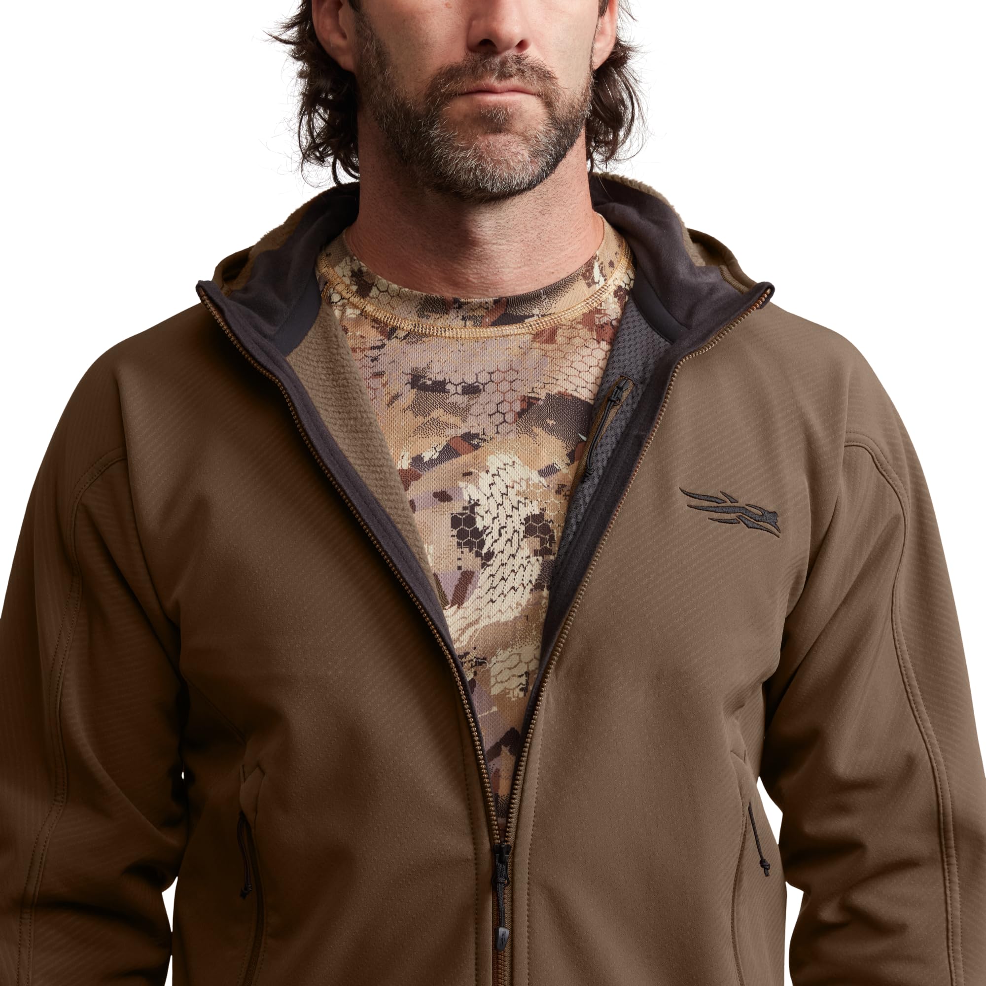 SITKA Alpha Fleece Hooded Jacket closeup shows durable STORMFLEECE fabric