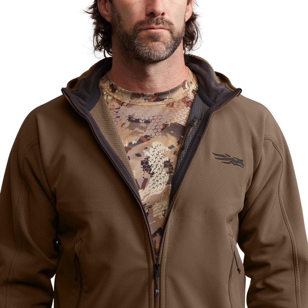 SITKA Alpha Fleece Hooded Jacket closeup shows durable STORMFLEECE fabric