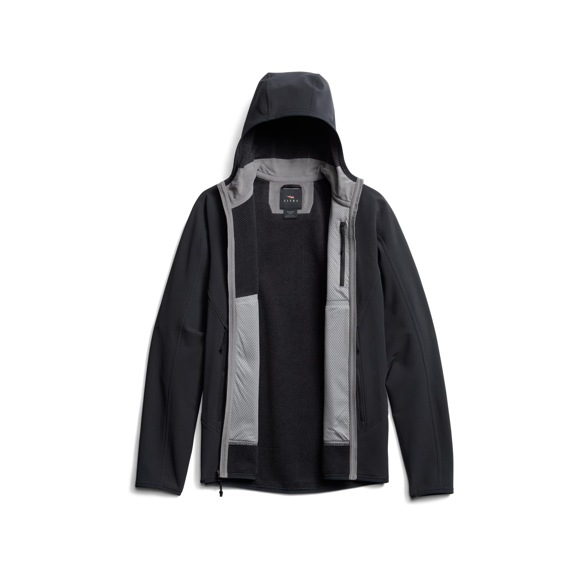 SITKA Alpha Fleece Hooded Jacket DWR finish sheds light moisture.