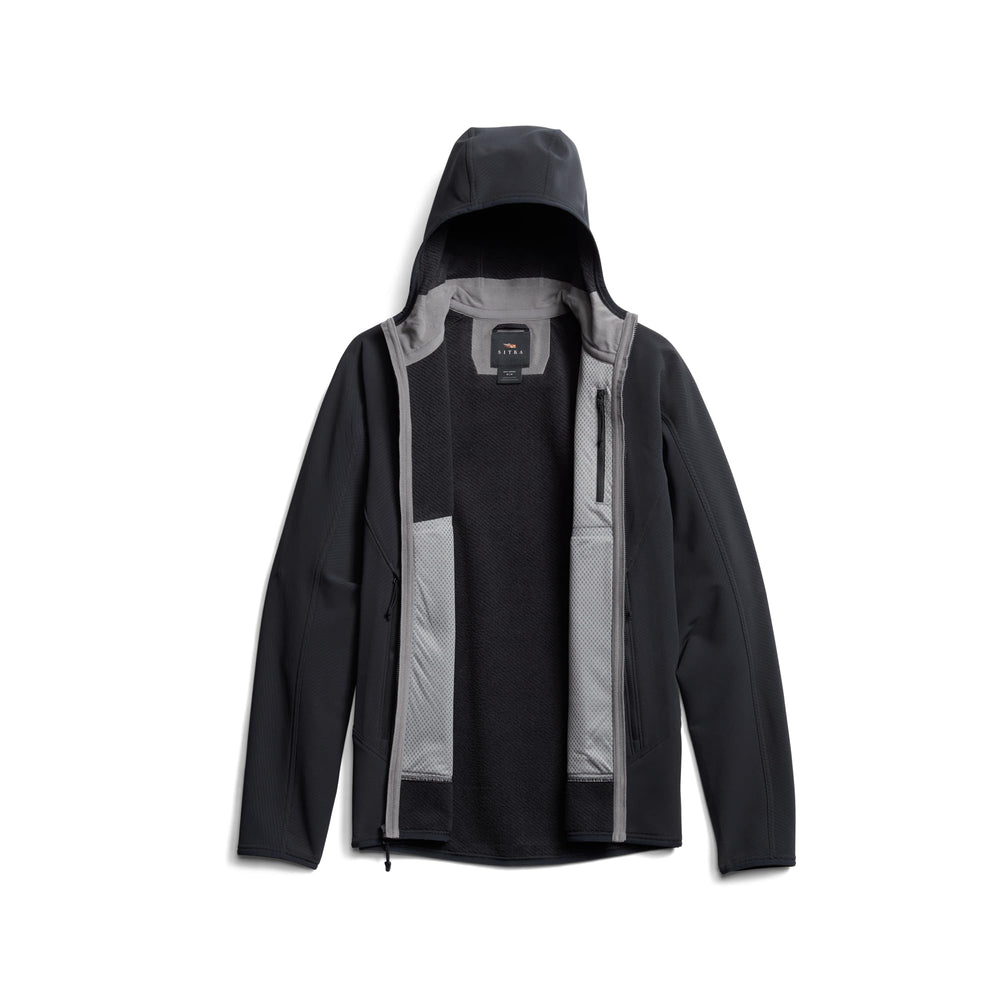 SITKA Alpha Fleece Hooded Jacket DWR finish sheds light moisture.