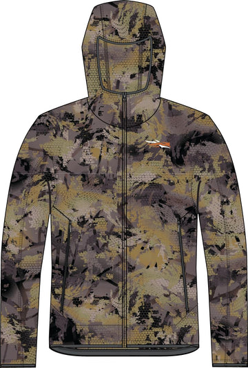 SITKA Alpha Fleece Hooded Jacket with DWR sheds moisture in light rain for comfort.