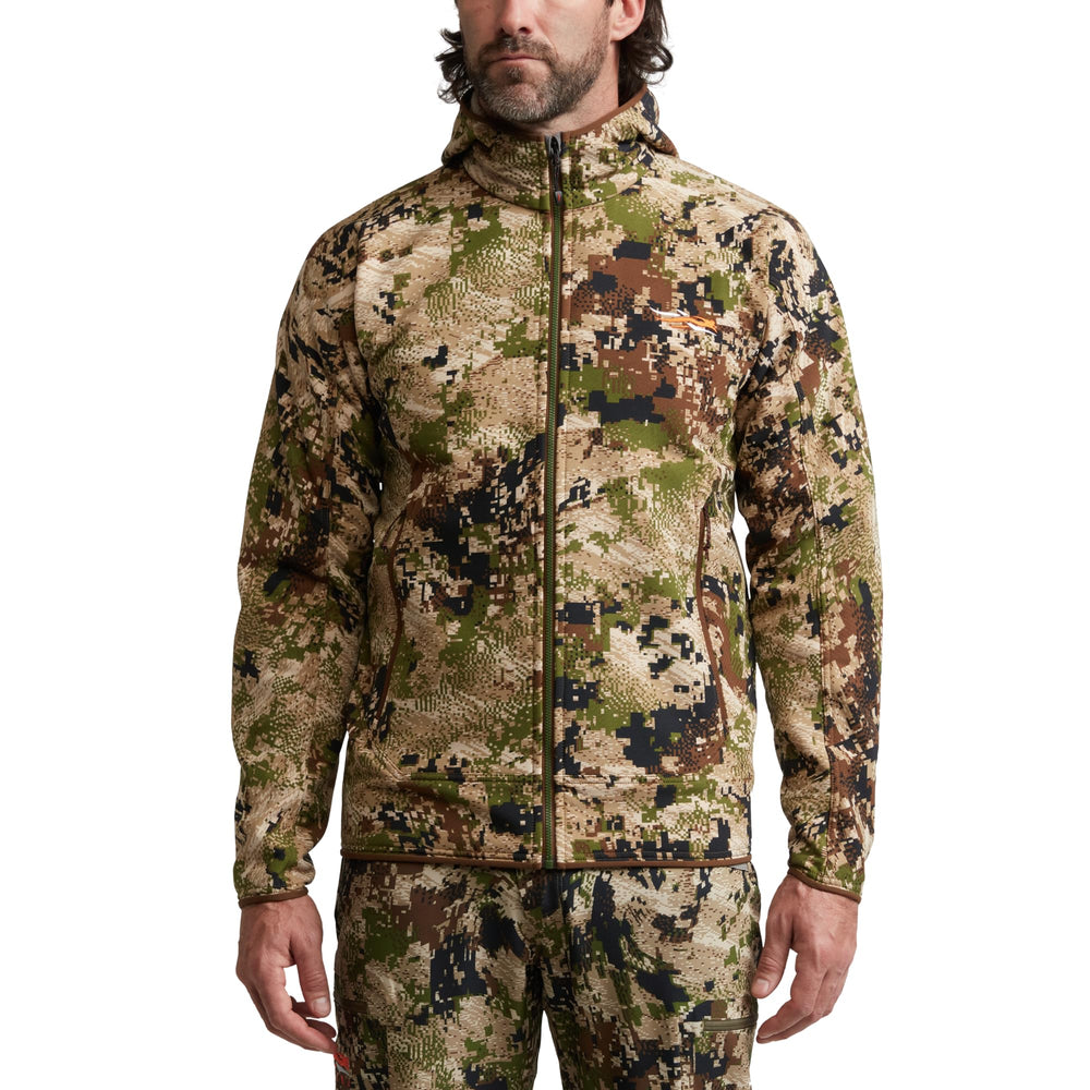 SITKA Alpha Fleece Hooded Jacket shows DWR-repellent finish for light moisture scenarios.