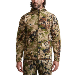 SITKA Alpha Fleece Hooded Jacket shows DWR-repellent finish for light moisture scenarios.