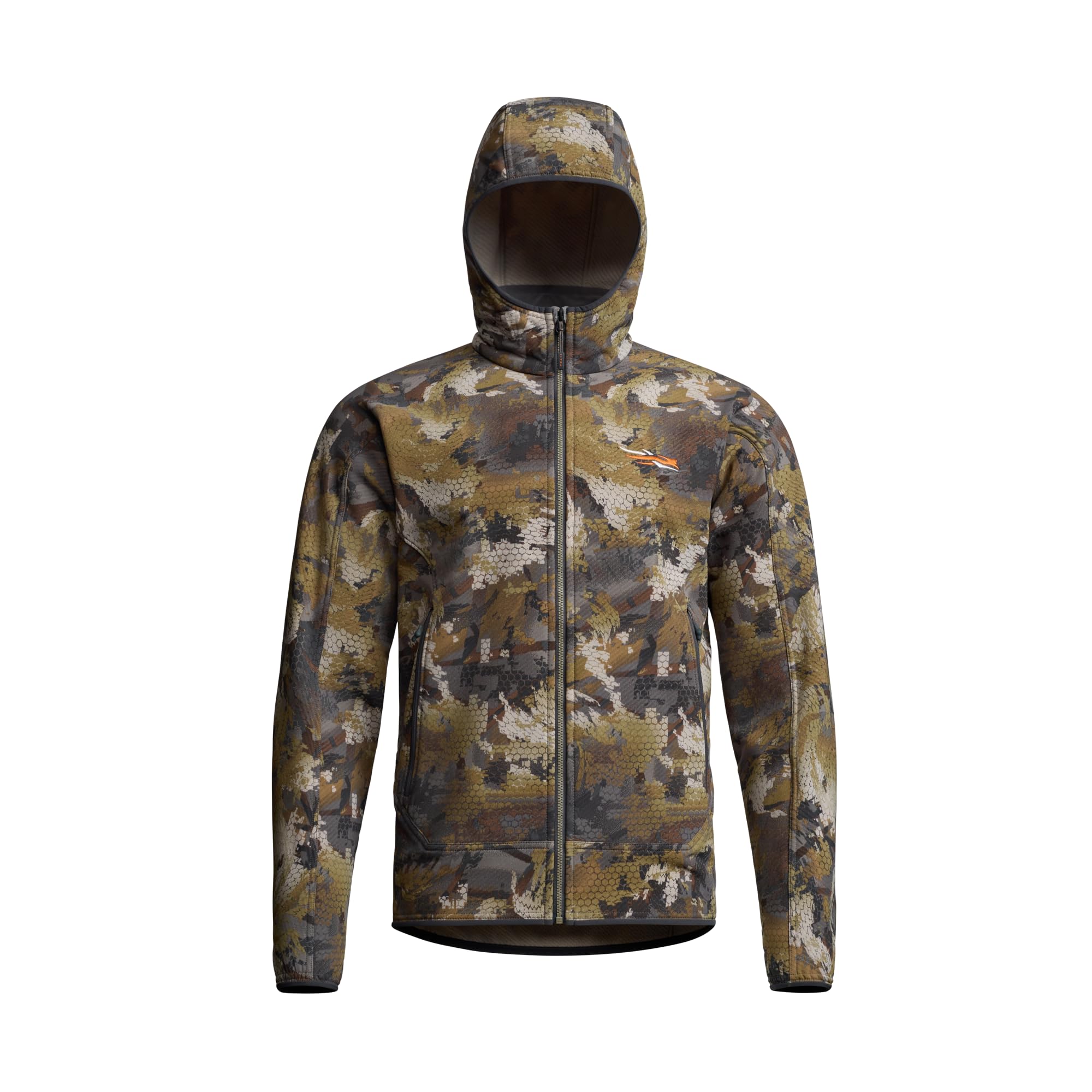 SITKA Alpha Fleece Hooded Jacket front view highlights rugged durability and fitted low-profile hood for outdoor versatility.