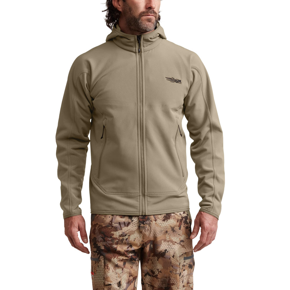 SITKA Alpha Fleece Hooded Jacket hood detail shows low-profile warmth for movement.