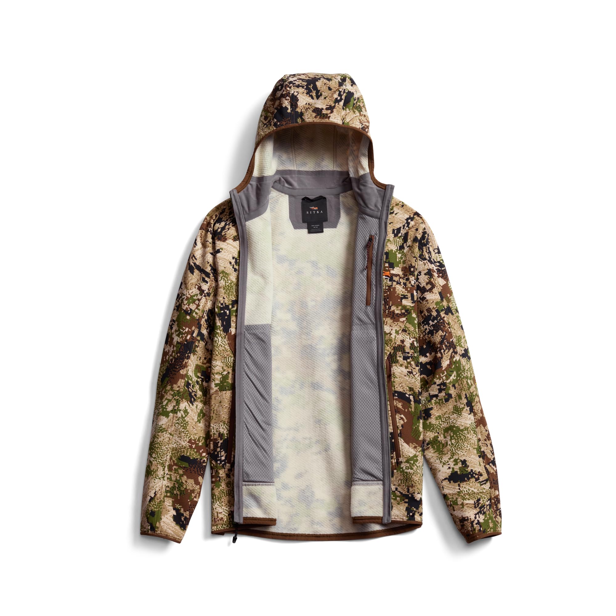 SITKA Alpha Fleece Hooded Jacket includes internal chest pocket for valuables while hiking.