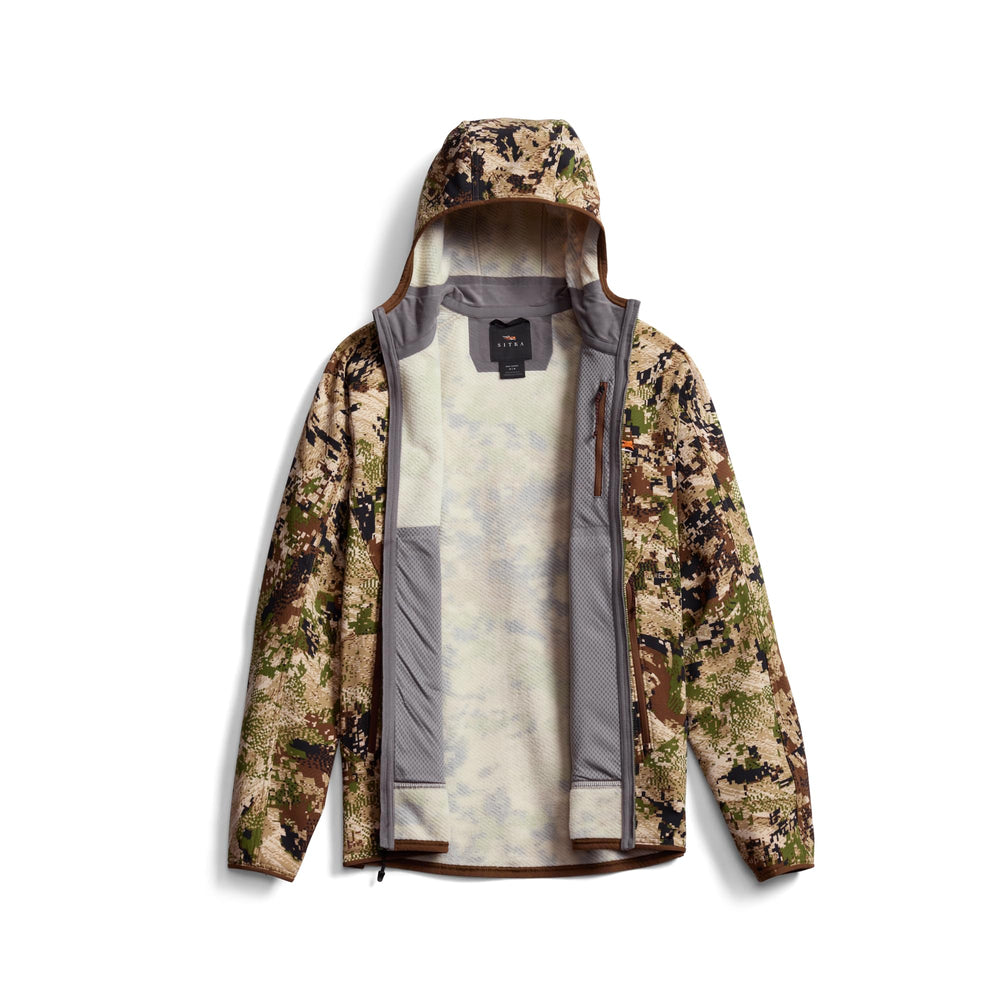 SITKA Alpha Fleece Hooded Jacket includes internal chest pocket for valuables while hiking.