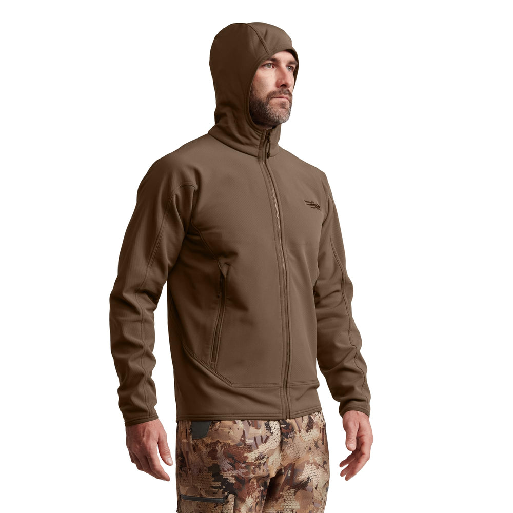 SITKA Alpha Fleece Hooded Jacket's low-profile hood protects warmth without blocking vision.