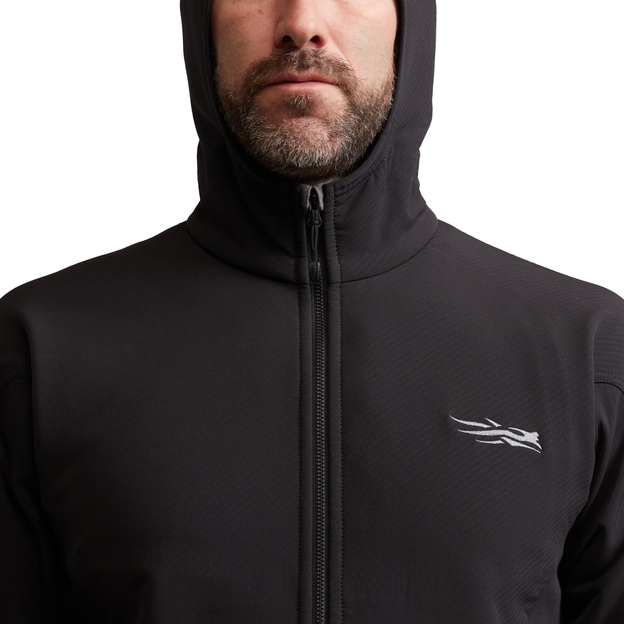 SITKA Alpha Fleece Hooded Jacket low-profile hood provides warmth without blocking sight.