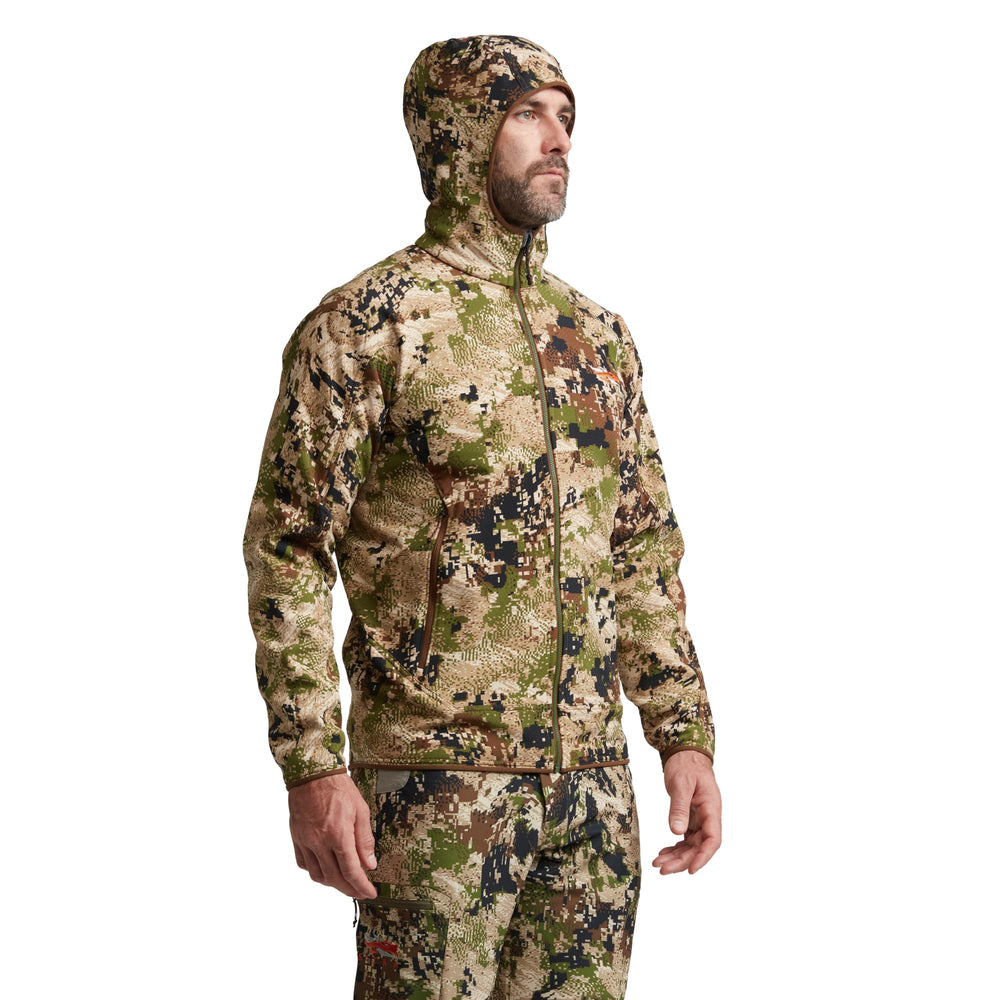 SITKA Alpha Fleece Hooded Jacket's low-profile hood protects against wind without blocking vision.
