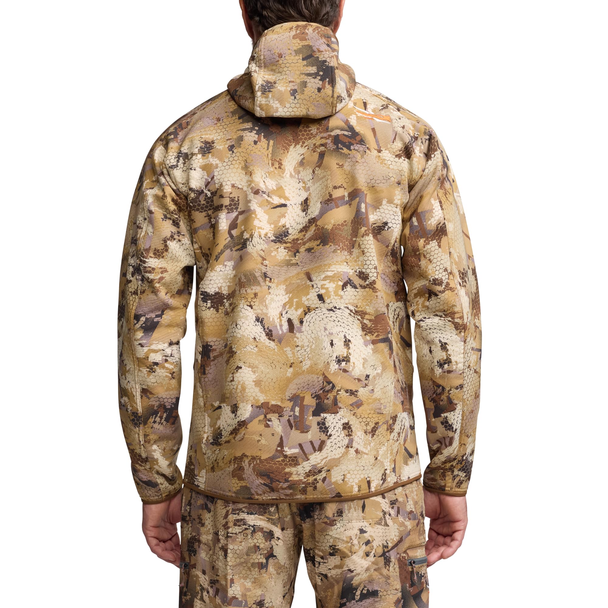 SITKA Alpha Fleece Hooded Jacket reveals mesh-backed pockets for ventilation.