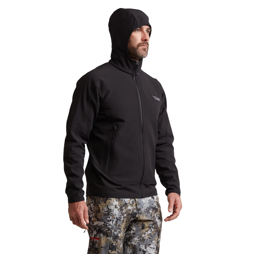 SITKA Alpha Fleece Hooded Jacket offers mesh-backed pockets for enhanced ventilation.
