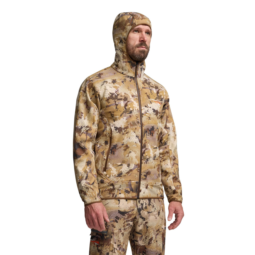 SITKA Alpha Fleece Hooded Jacket mesh-backed pockets provide ventilation during activity