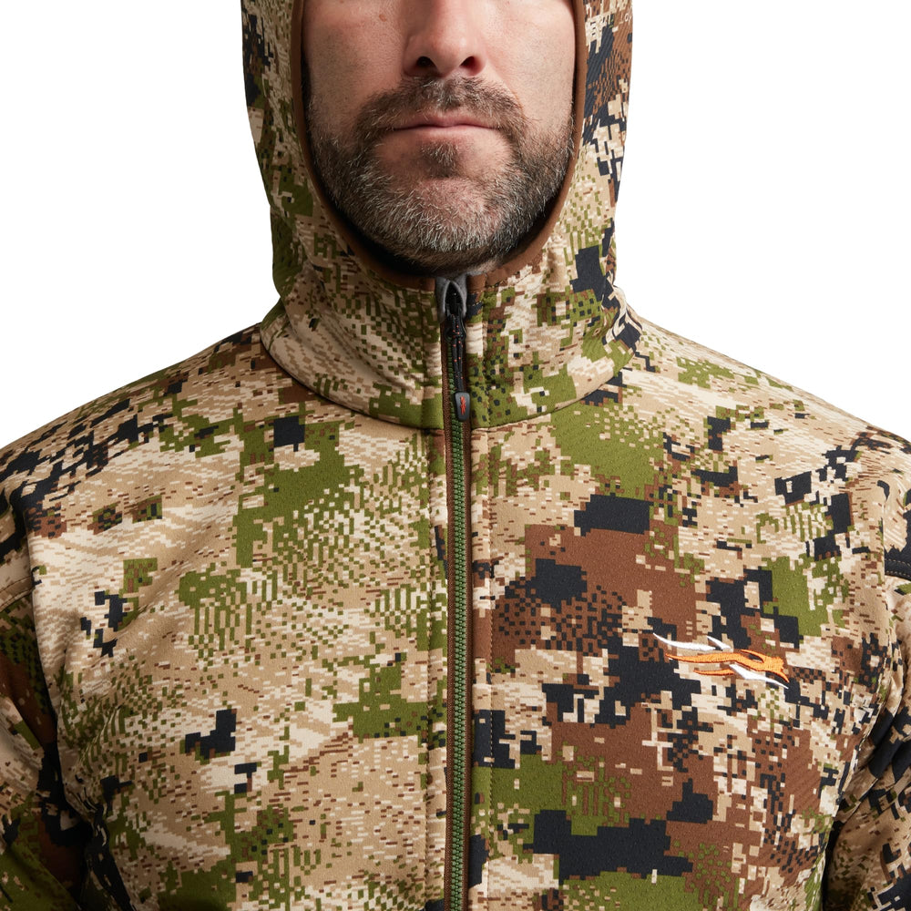 SITKA Alpha Fleece Hooded Jacket in Optifade Subalpine blends camouflage with performance.