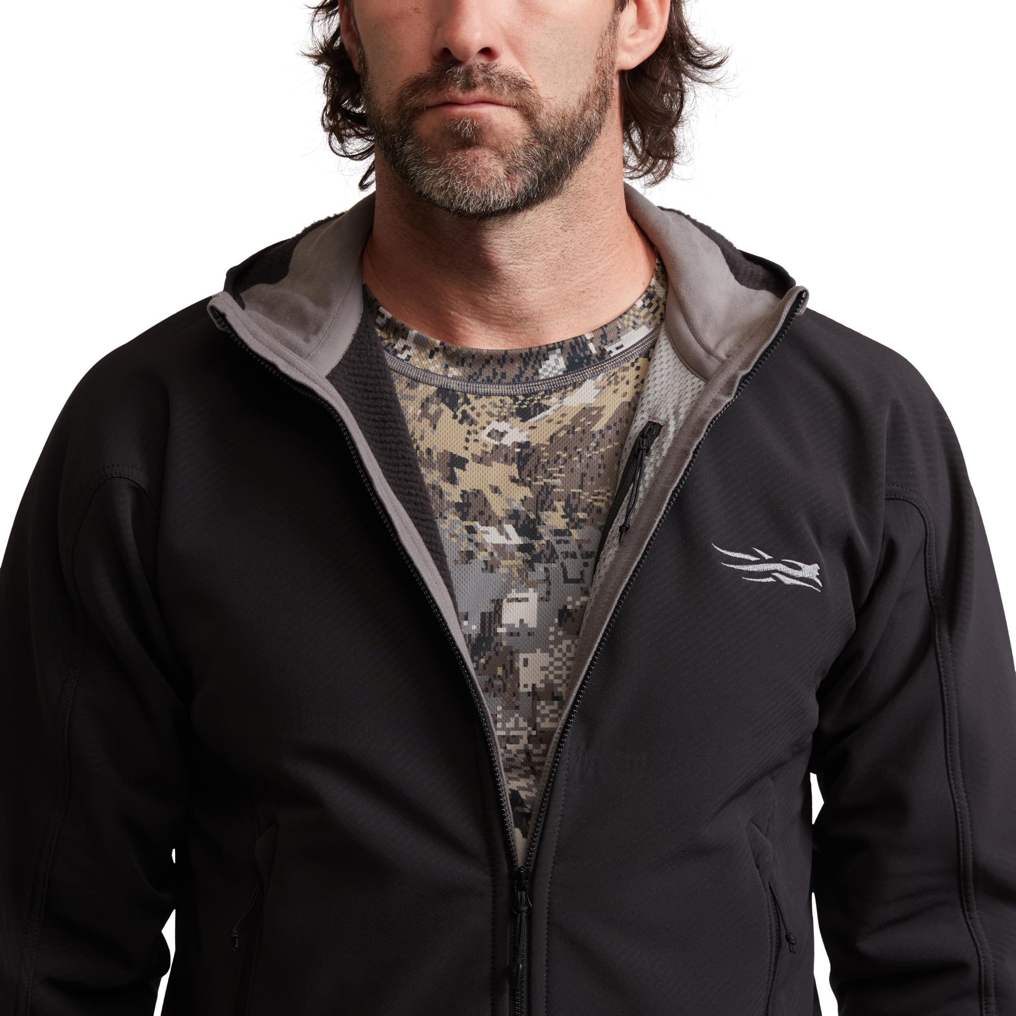 SITKA Alpha Fleece Hooded Jacket stands as a versatile outer layer for rugged use.