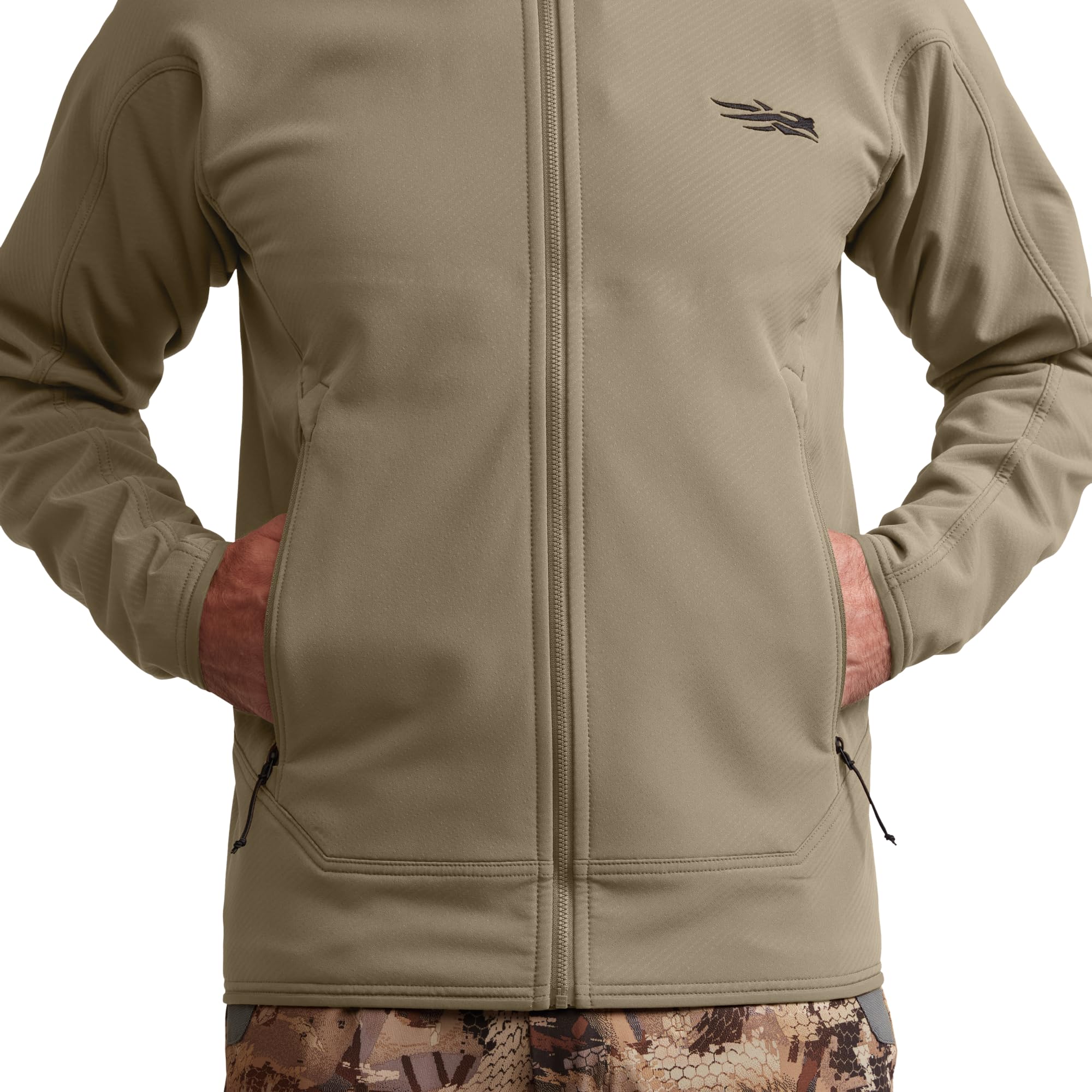 SITKA Alpha Fleece Hooded Jacket Buckskin being used as a versatile mid-layer for layering