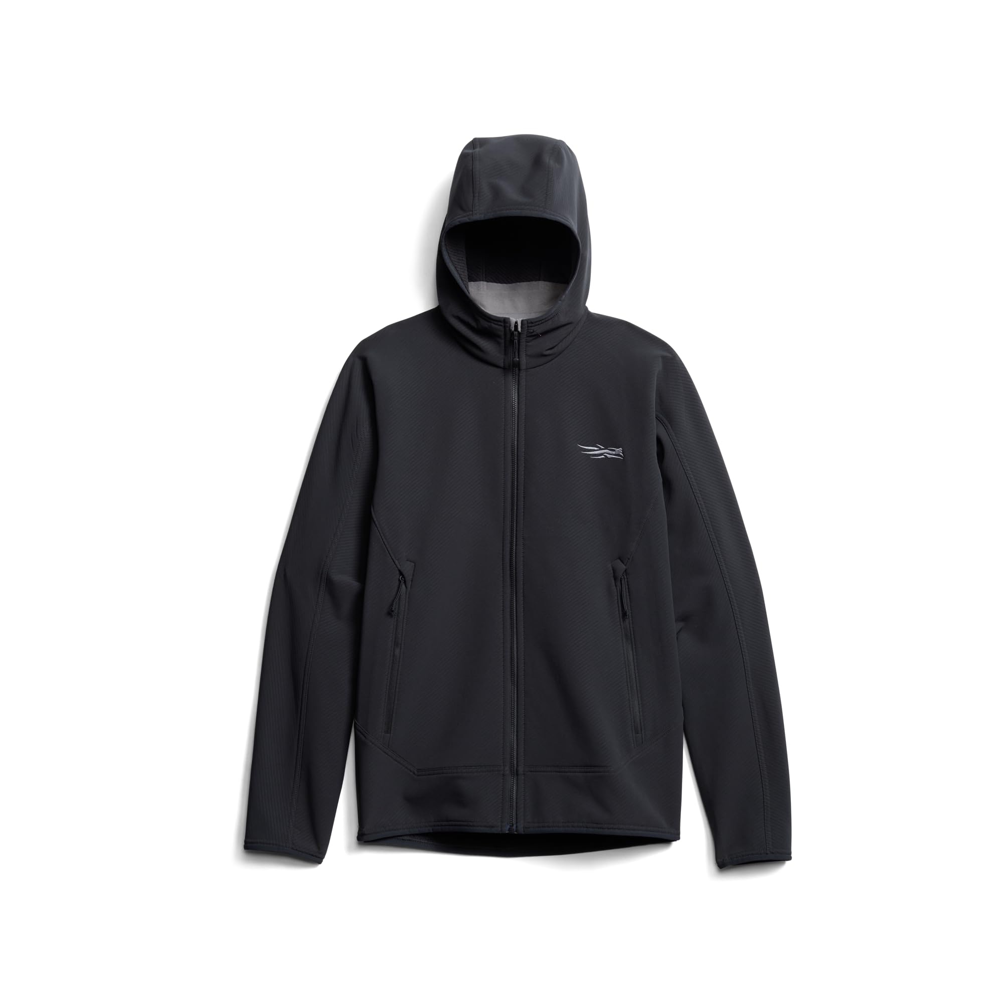 SITKA Alpha Fleece Hooded Jacket highlights StormFleece four-way stretch for mobility.
