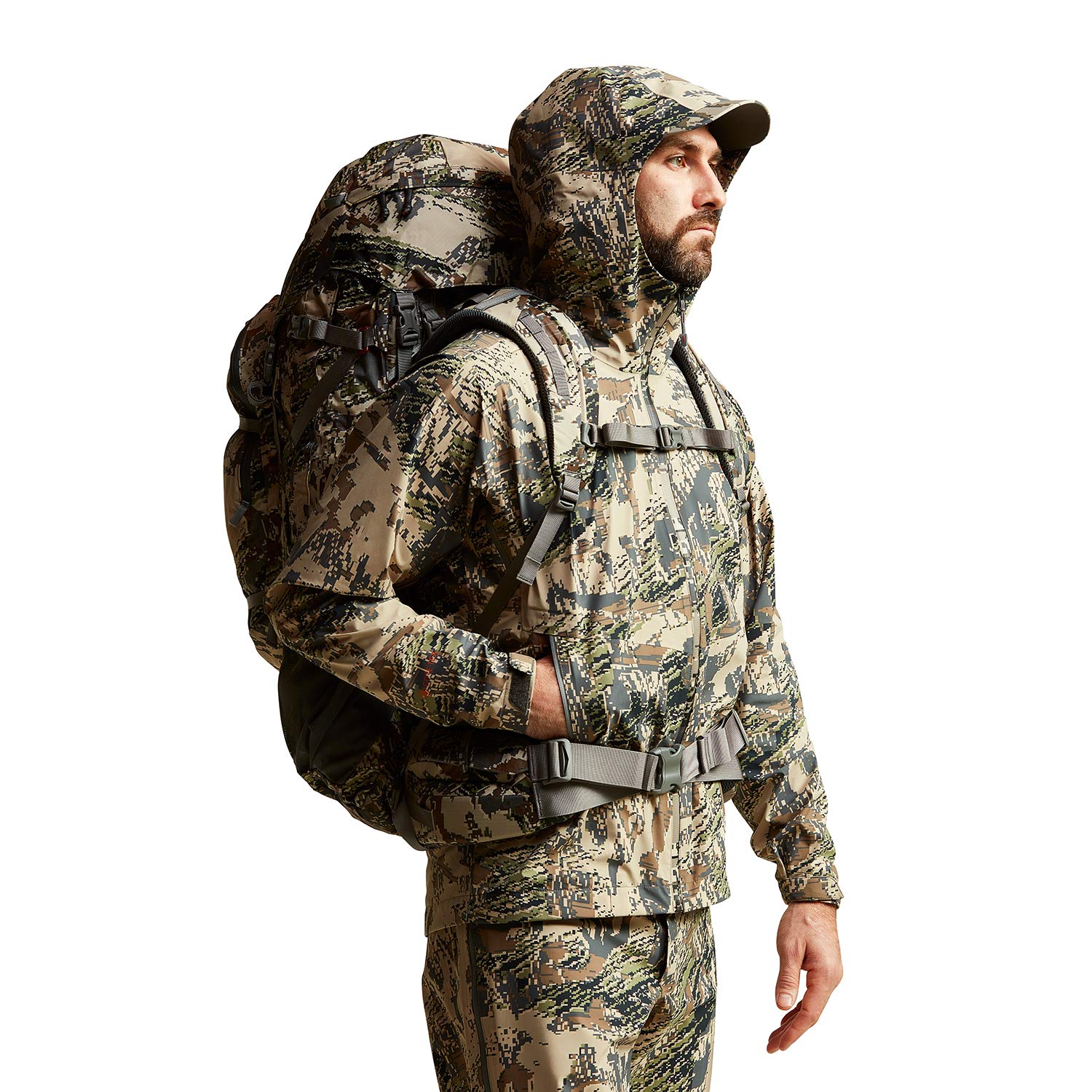 SITKA Dew Point hood deployed illustrates adaptable rain protection during sudden weather.