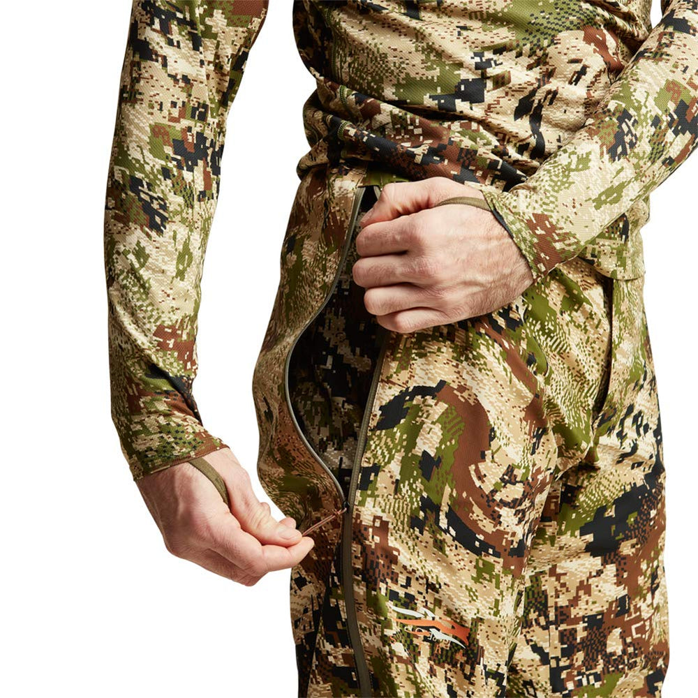 SITKA Dew Point pant articulated fit prevents tugging on rough terrain.