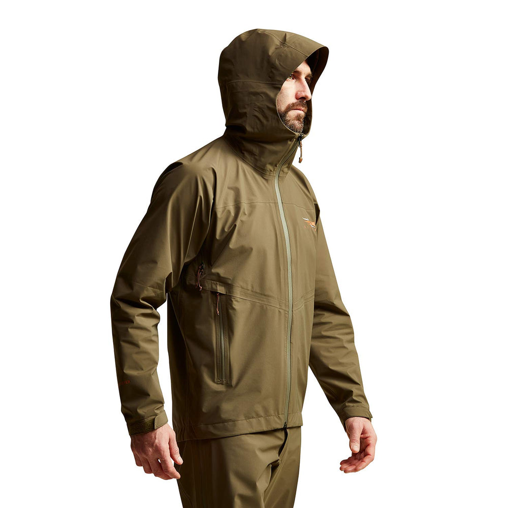 SITKA Dew Point jacket with pit zips opened to vent heat during climb.
