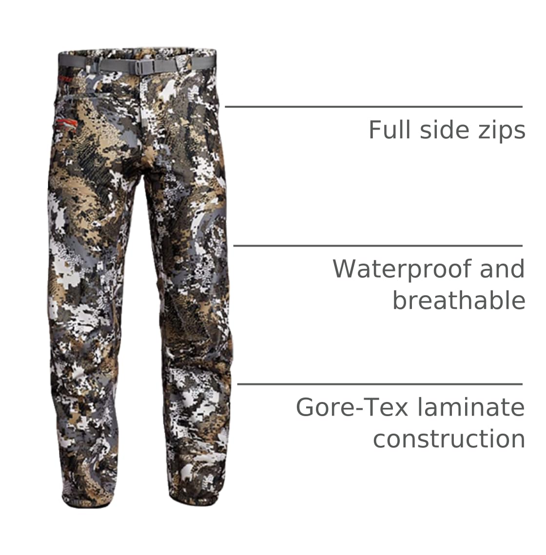 SITKA Downpour Pant Elevated II demonstrates articulated patterning for seated movement.