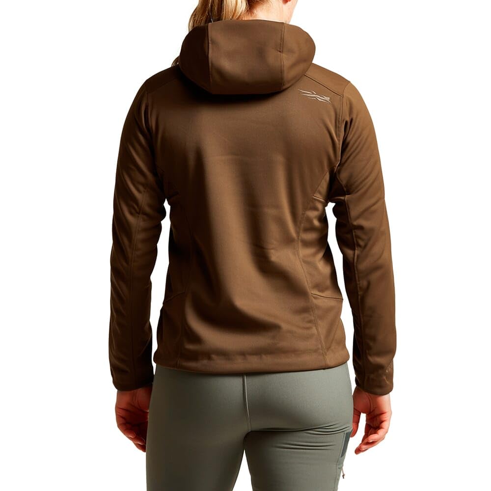 SITKA Jetstream Jacket in Mud, hooded view, ready for variable conditions.