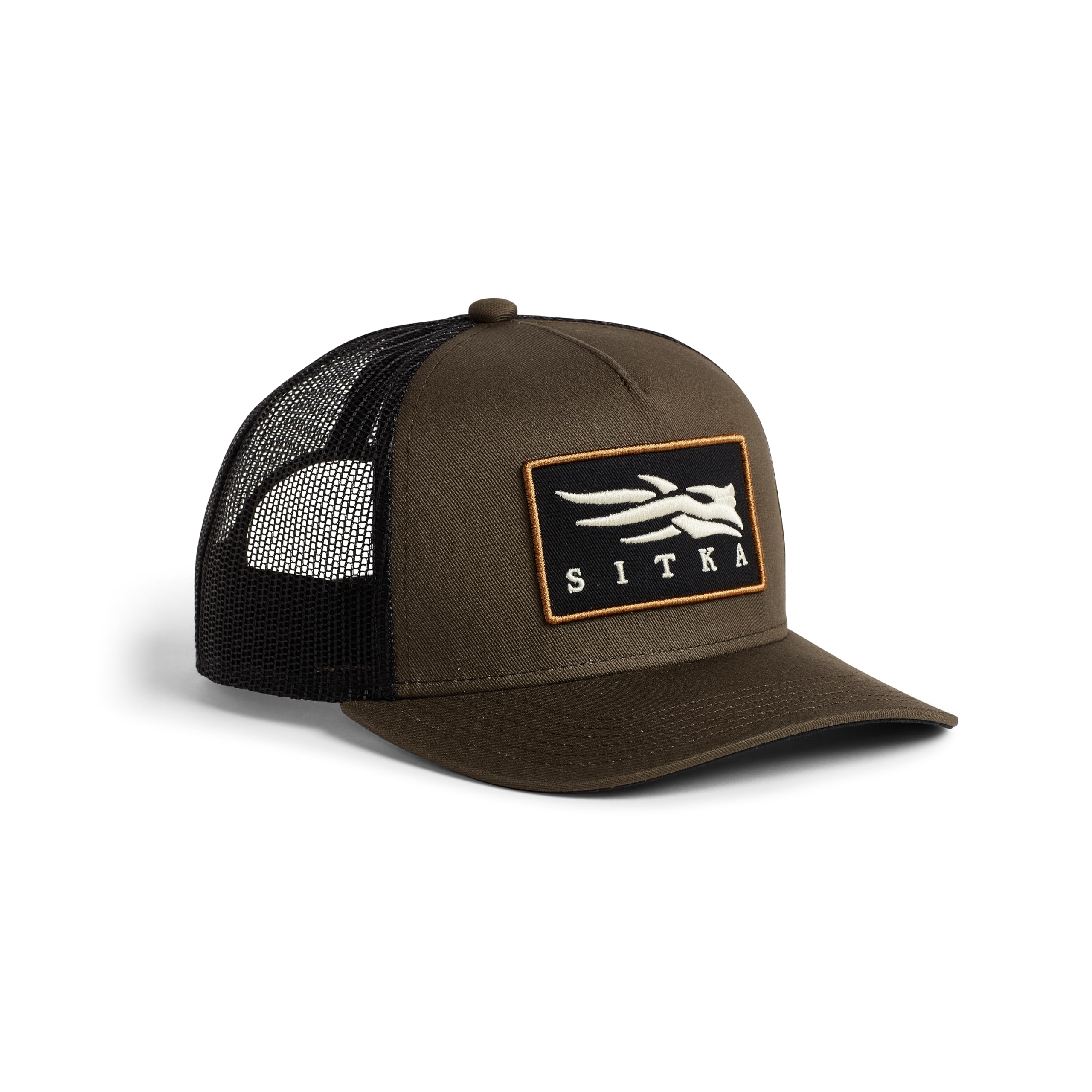 SITKA Icon Patch Hi Pro Trucker Cap front panel logo in Bark, breathable all-day comfort.