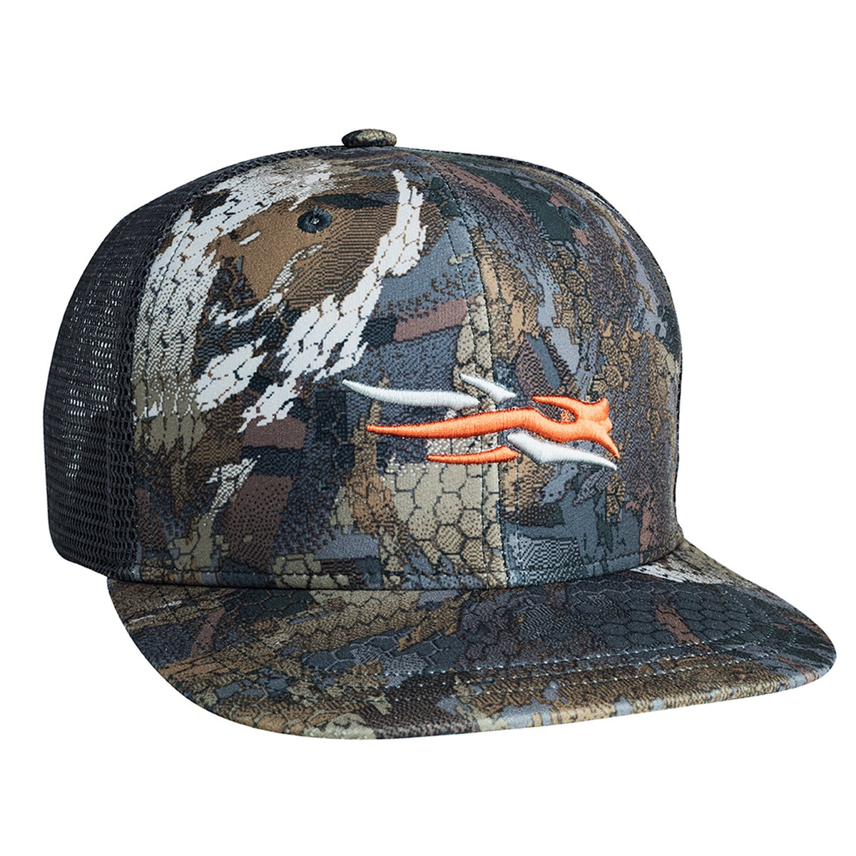 SITKA Gear trucker cap front view, breathable mesh for all-day comfort on hunts