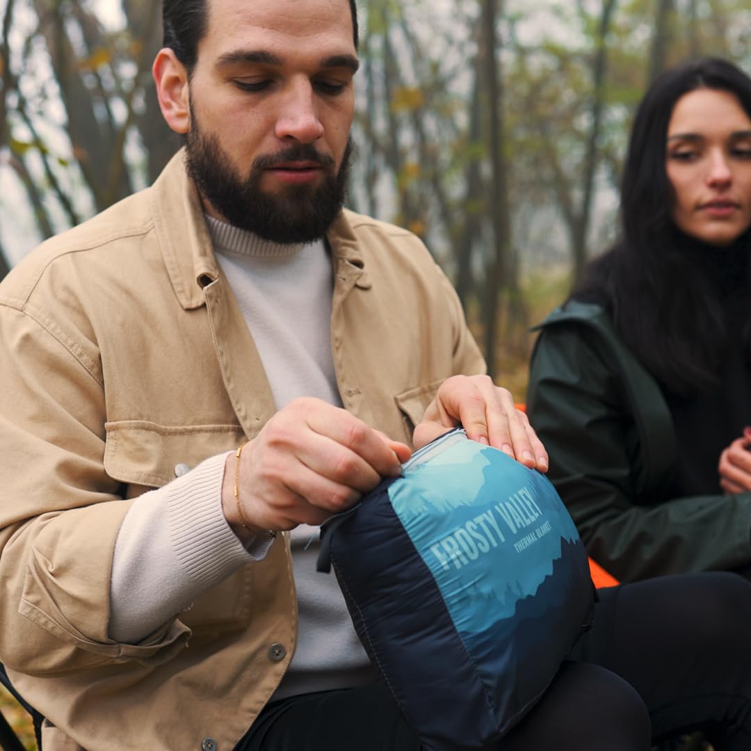 Sitpack Thermal Blanket spread on the beach for a dry, comfortable lounge.