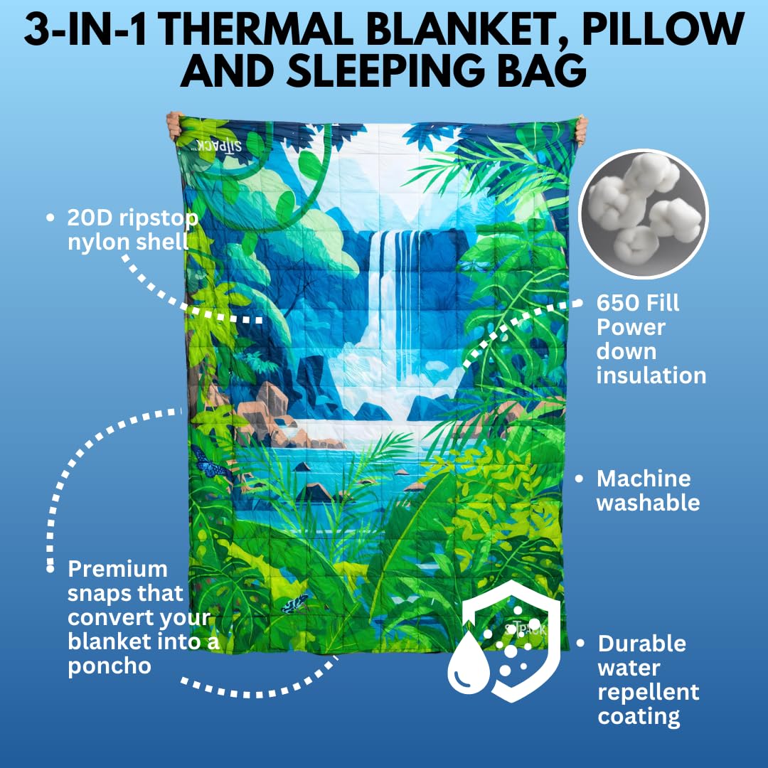 Sitpack Tropic Breeze blanket on hammock provides soft warmth outdoors.